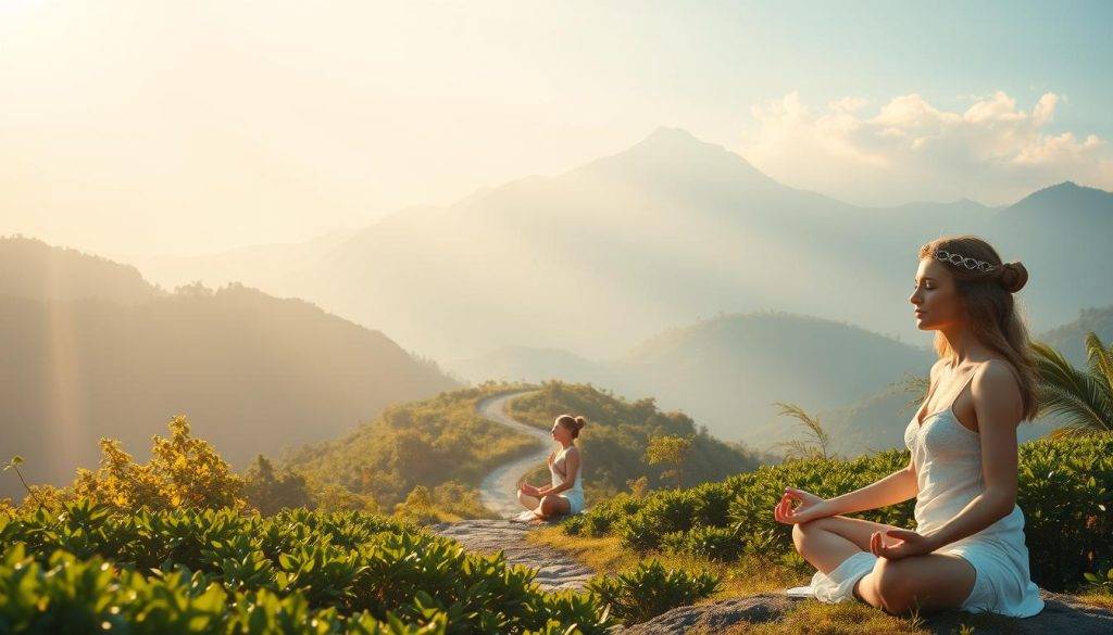 A serene, spiritual landscape bathed in warm, diffused light. In the foreground, ethereal figures in meditative poses, their faces radiant with a sense of inner peace and clarity. Middle ground reveals a path winding through lush, verdant foliage, symbolizing the journey of addiction recovery. In the distance, a majestic mountain range, its peaks touched by wisps of cloud, representing the heights of spiritual attainment. The entire scene conveys a sense of tranquility, hope, and the transformative power of spiritual practice.