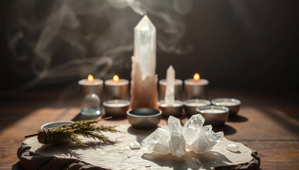 A serene still life scene depicting various crystal cleansing methods. In the foreground, a quartz crystal cluster rests on a natural stone slab, surrounded by a smoldering bundle of sage and a small bowl of water. Soft, warm lighting illuminates the scene, casting gentle shadows. In the middle ground, a crystal-tipped wand and a selenite tower stand alongside a row of tealight candles, their flames flickering softly. The background is hazy, with a faint mist or incense swirling, creating a contemplative, ritual-like atmosphere. The overall composition is balanced and harmonious, inviting the viewer to engage in the process of crystal cleansing and charging.