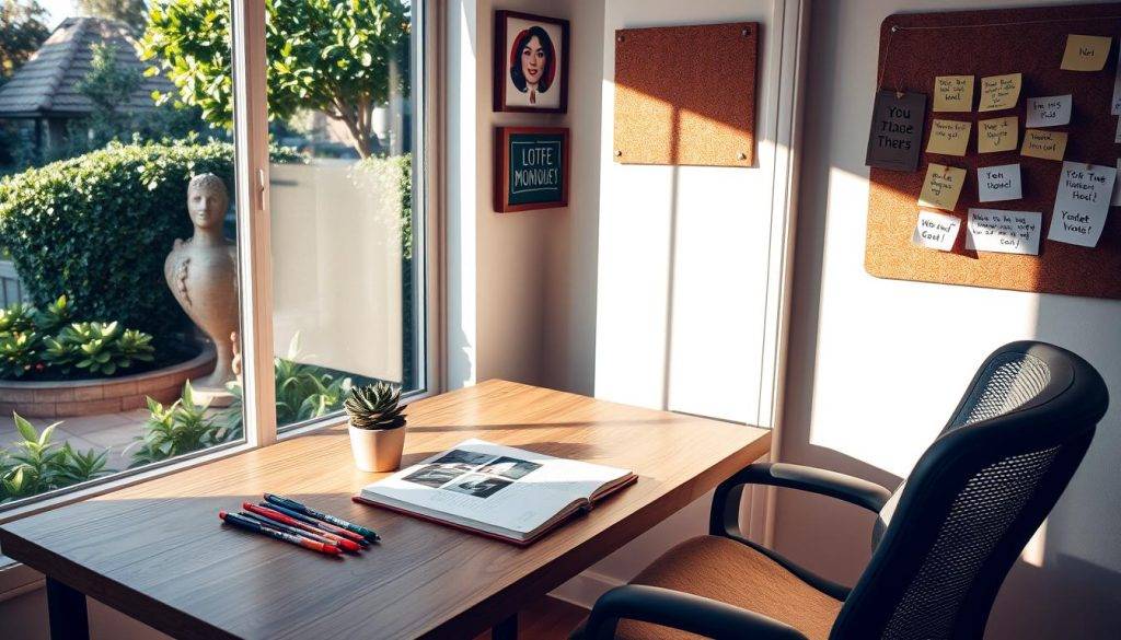A serene study nook with a large window overlooking a lush garden. Warm natural lighting bathes the space, casting soft shadows. On the wooden desk, a notebook lies open, surrounded by colorful pens, a vision board with inspiring images, and a succulent plant. The walls are adorned with motivational prints, and a cork board displays sticky notes with handwritten goals. An ergonomic chair with a plush cushion invites the viewer to sit and thoughtfully plan their journey of self-discovery and personal growth.