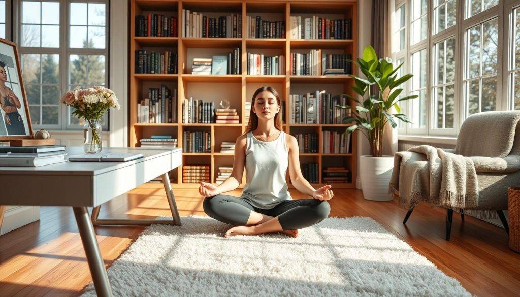 A serene study with natural light flooding in through large windows, showcasing a minimalist desk adorned with a small vase of fresh flowers, a journal, and a pen. In the foreground, a person sits cross-legged on a plush rug, eyes closed, hands resting gently on their lap, deep in a moment of mindful meditation. The background features bookshelves filled with inspiring titles, a soft throw blanket draped over a cozy armchair, and a potted plant casting gentle shadows. The overall atmosphere is one of tranquility, focus, and a sense of daily gratitude practices that nourish the mind and spirit.