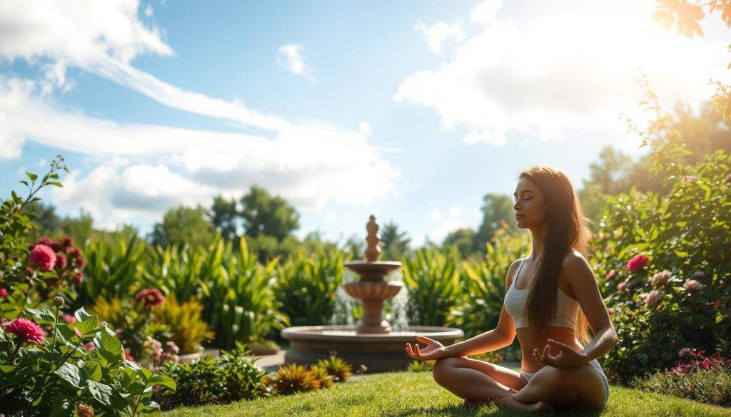 A serene, sun-dappled garden setting with a meditating figure in the foreground, their eyes closed and posture radiating inner calm. Wispy clouds drift overhead, casting gentle shadows. In the middle ground, a small fountain gurgles softly, its tranquil waters reflecting the surrounding foliage. Lush, verdant plants and flowers in soothing hues form the background, conveying a sense of balance and clarity. Soft, diffused natural lighting bathes the scene, creating a warm, contemplative atmosphere that invites the viewer to pause and find their own center of mindfulness.