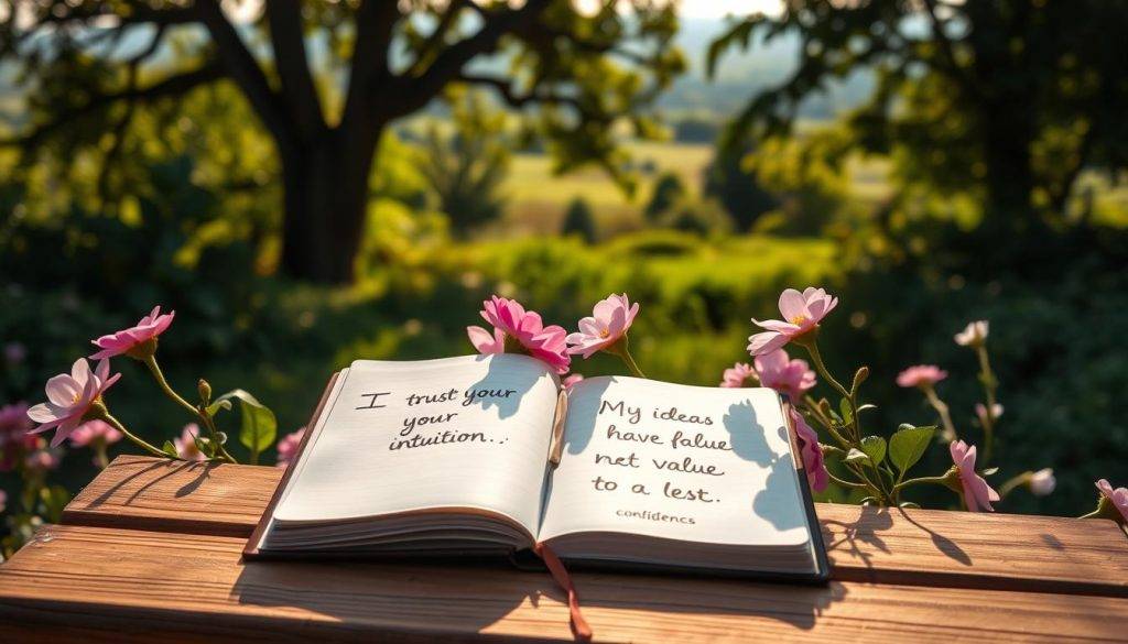 A serene, sun-dappled garden setting, with a wooden bench in the foreground. Atop the bench, an open journal with handwritten affirmations of creative confidence, such as "I trust my intuition" and "My ideas have value." Surrounding the journal are blooming flowers, their petals gently swaying in a light breeze. The background features a lush, verdant landscape, with towering trees and a distant, hazy horizon. The lighting is soft and warm, creating a sense of tranquility and introspection. The overall mood is one of self-assurance, growth, and the embracing of one's creative spirit.