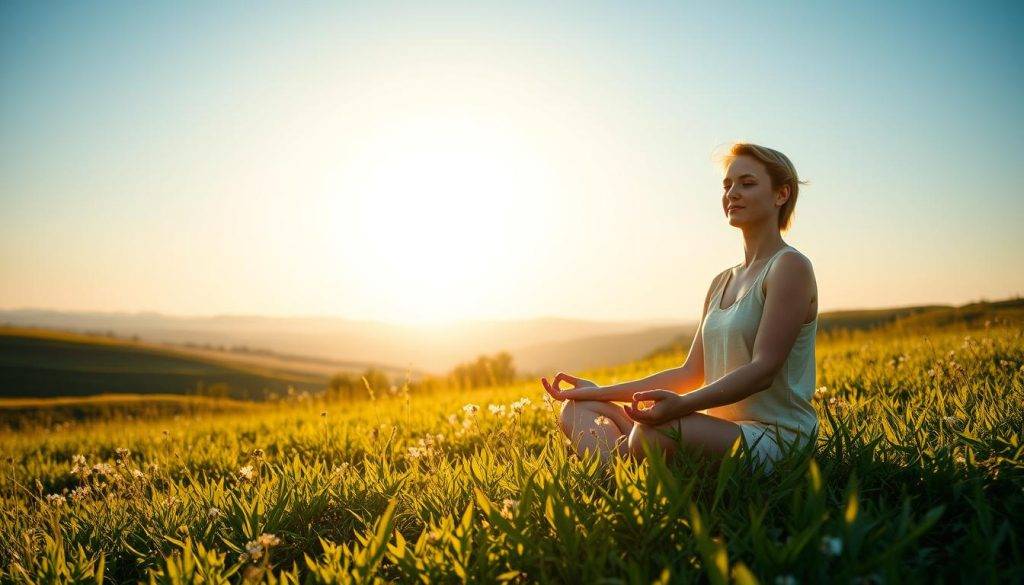 A serene, sun-dappled meadow bathed in warm, golden light. In the foreground, a person sitting in a meditative pose, radiating a sense of inner peace and tranquility. Their expression is calm and focused, conveying a positive mindset and a deep connection to the present moment. The middle ground features lush, verdant foliage, with delicate flowers blooming amidst the greenery. In the background, a gentle, rolling landscape with distant hills and a clear, blue sky, evoking a sense of expansiveness and possibility. The overall atmosphere is one of harmony, healing, and the transformative power of a positive mindset.