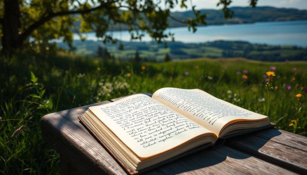 A serene, sun-dappled meadow, its lush grasses swaying gently in a soft breeze. In the foreground, a weathered wooden bench, its surface worn smooth by time, invites the viewer to pause and reflect. Atop the bench, an open journal, its pages filled with handwritten accounts of personal triumph - stories of individuals who, through the power of positive thought and unwavering determination, have overcome the challenges of chronic illness. In the middle ground, a picturesque lake, its glassy surface mirroring the surrounding landscape. In the distance, rolling hills dotted with vibrant wildflowers, a testament to the resilience and beauty that can emerge even in the face of adversity. The overall scene exudes a sense of tranquility and inspiration, inviting the viewer to draw strength from the shared experiences of those who have walked a similar path.