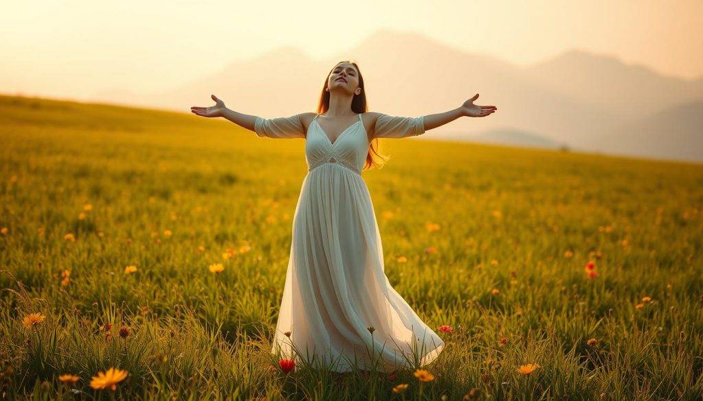 A serene, sun-dappled meadow, its lush green grass and vibrant wildflowers bathed in warm, golden light. In the center, a woman stands tall, her eyes closed, arms outstretched as she embraces herself with an expression of profound self-acceptance and inner peace. Her long, flowing dress sways gently in a soft breeze, and a halo of light surrounds her, emanating a sense of tranquility and self-love. In the background, a distant, misty mountain range rises, symbolizing the journey of self-discovery and the limitless potential that lies within. The scene is captured with a soft, romantic lens, evoking a sense of hope, resilience, and the infinite power of the human spirit.