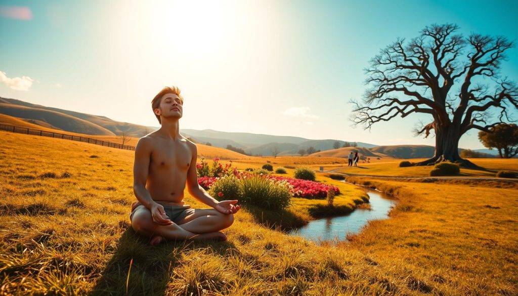 A serene, sun-dappled meadow, with a meandering stream reflecting the azure sky. In the foreground, a person sitting cross-legged, eyes closed, in a state of deep contemplation. Wisps of energy emanate from their body, symbolizing the renewal and transformation of the mind. In the middle ground, a vibrant, blooming garden, lush with verdant foliage and colorful flowers, representing the flourishing of the rejuvenated psyche. The background features rolling hills, dotted with ancient, gnarled trees, conveying a sense of timeless wisdom and the cyclical nature of personal growth. Warm, golden lighting filters through the scene, casting a tranquil, introspective atmosphere.