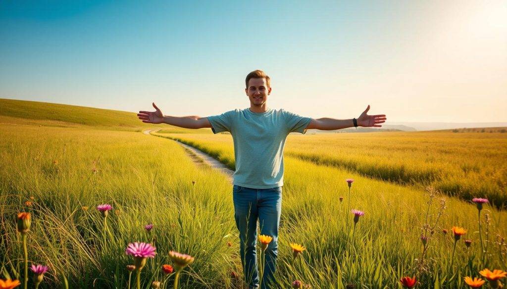 A serene, sun-dappled meadow, with lush green grass and vibrant wildflowers in bloom. In the foreground, a person stands with arms outstretched, the edge of their comfort zone represented by a translucent boundary. Beyond this, a path winds through the meadow, leading to a distant horizon of rolling hills and a clear blue sky. The lighting is soft and warm, creating a sense of hope and possibility. The person's expression is one of determination and curiosity, as they take the first step beyond their comfort zone, embarking on a transformative journey of self-discovery.