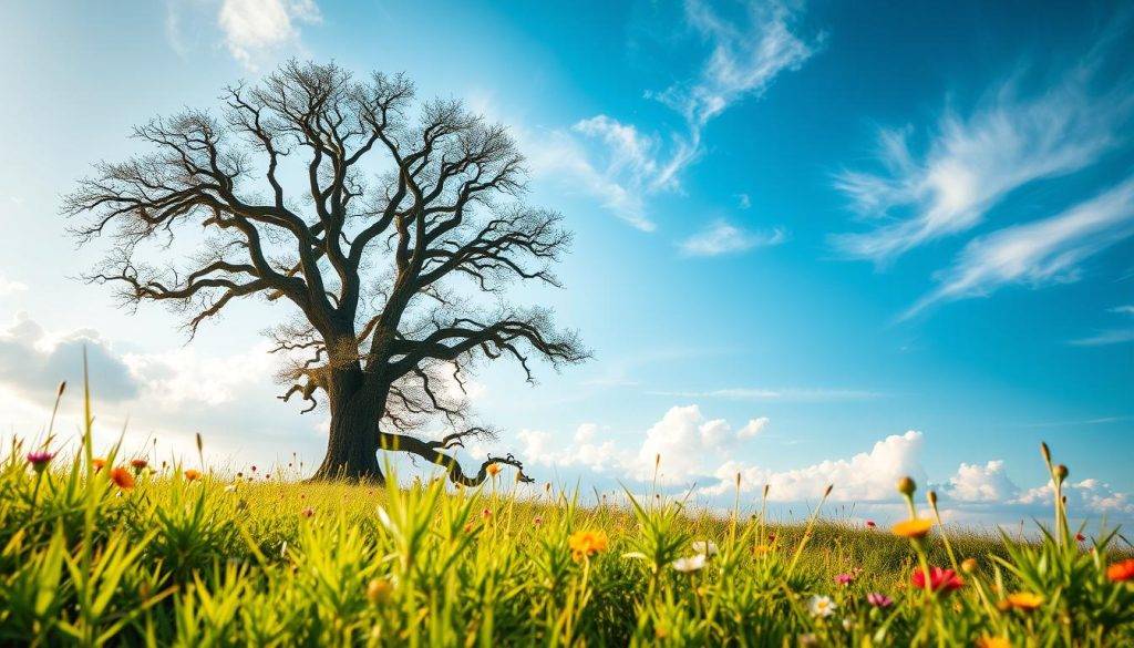 A serene, sun-dappled meadow with lush, verdant grass and vibrant wildflowers in the foreground. In the middle ground, a majestic oak tree stands tall, its branches outstretched, symbolizing the unlocking of creative potential. The background features a tranquil, azure sky dotted with fluffy, wispy clouds, conveying a sense of expansiveness and possibility. The lighting is soft and warm, creating a calming, introspective atmosphere. The overall composition evokes a harmonious balance between nature, growth, and the unleashing of one's creative energies.