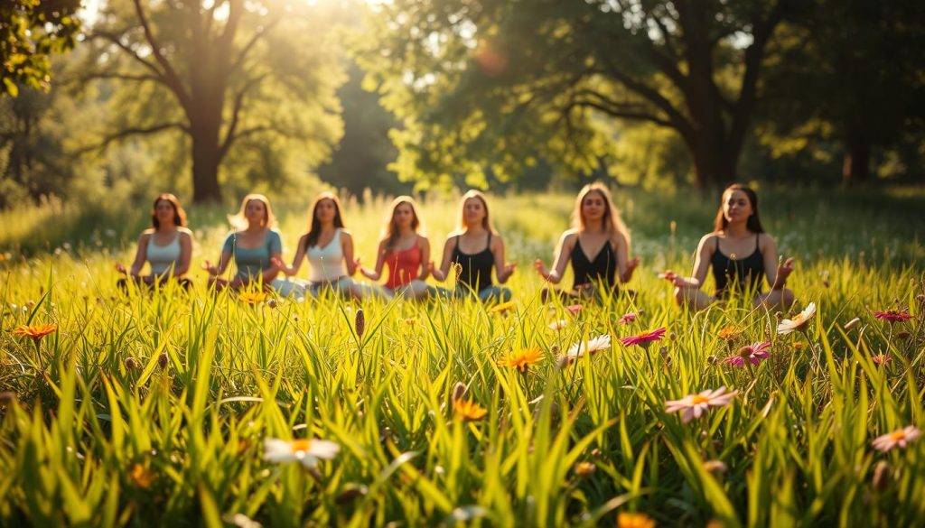 A serene, sun-dappled meadow, with lush, verdant grass and vibrant wildflowers in the foreground. In the middle ground, a group of individuals engaged in various forms of energy healing and EMDR therapy, their expressions peaceful and introspective. Soft, golden light filters through the trees in the background, creating a warm, healing atmosphere. The overall scene conveys a sense of transformation, renewal, and the restorative power of integrative approaches to trauma recovery.