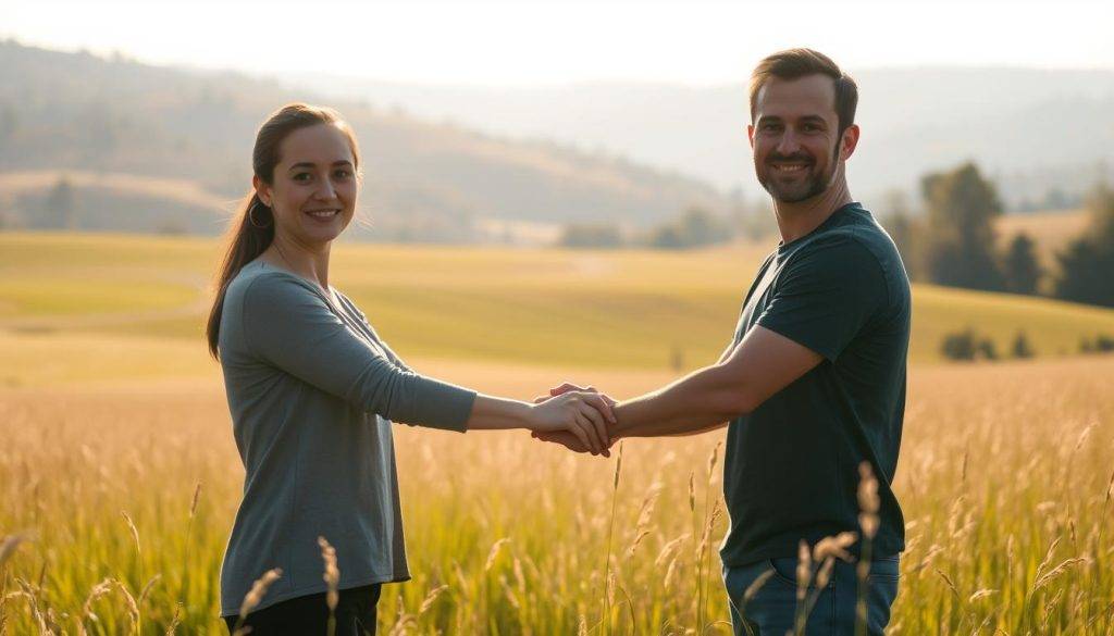 A serene, sun-dappled meadow. In the foreground, two figures stand side by side, their hands clasped in a gesture of unity. Their expressions are calm and focused, conveying a sense of shared purpose and alignment. The middle ground features a lush, rolling landscape, with hills and trees receding into the distance. The background is bathed in a warm, golden light, creating a sense of harmony and tranquility. The overall composition suggests a feeling of togetherness, collaboration, and a shared vision for the future.