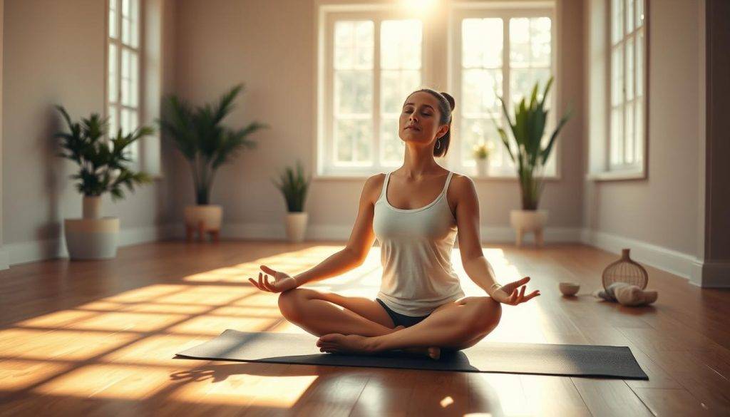 A serene, sun-dappled yoga studio with a wooden floor and neutral-toned walls. In the center, a woman sits cross-legged, her eyes closed in deep meditation. Her posture is perfectly balanced, radiating an aura of tranquility and focus. Soft, natural lighting filters through large windows, casting a warm glow on her face. In the background, potted plants and simple decor create a calming, minimalist ambiance. The overall scene evokes a sense of inner peace, harmony, and the profound connection between yoga, meditation, and the attainment of equanimity.