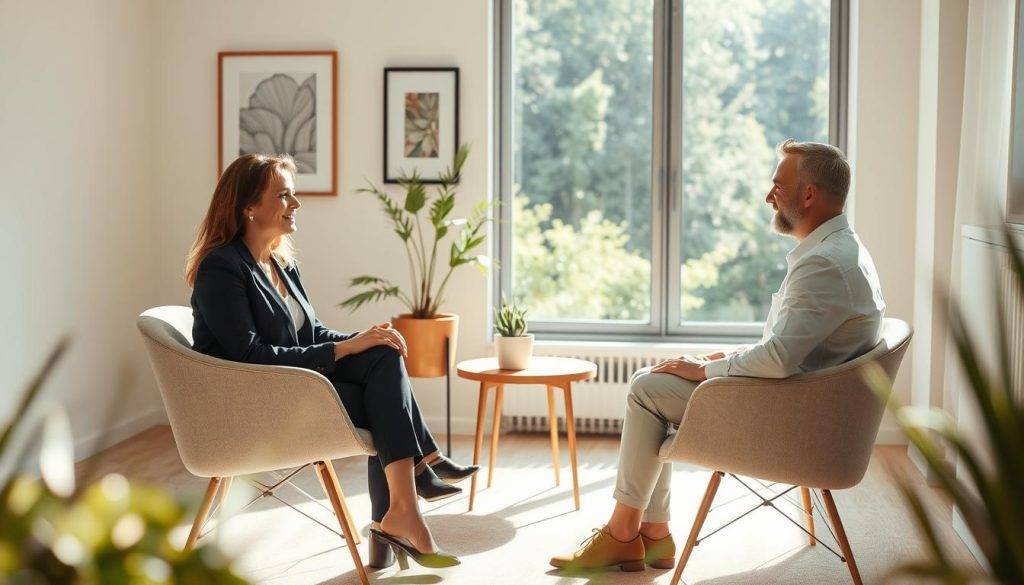 A serene, sun-drenched coaching session in a cozy, modern office. In the foreground, two professionals sit across from each other, engaged in an insightful discussion, their body language conveying openness and trust. Soft, natural lighting bathes the scene, casting a warm, reflective glow. The middle ground features a minimalist, yet inviting decor - a potted plant, a tactful piece of wall art, and a sleek, wooden table between the two figures. The background is filled with a sense of calm, with a large window overlooking a lush, verdant landscape, creating an atmosphere of introspection and self-discovery.