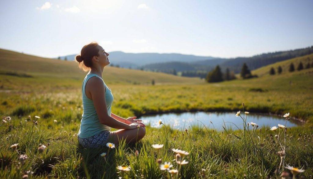 A serene, sunlit meadow with lush, verdant grass and wildflowers in bloom. In the foreground, a person sits cross-legged, eyes closed, hands resting on their lap in a meditative pose. Soft, warm light bathes their face, emanating a sense of inner peace and tranquility. In the middle ground, a shimmering pool of water reflects the sky above, its surface like a mirror. The background features rolling hills and a distant forest, creating a sense of depth and expansiveness. The overall atmosphere is one of calm, contemplation, and a deep connection to the natural world.