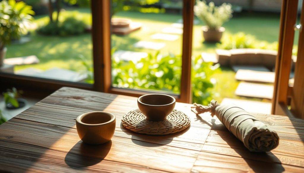 A serene, sunlit meditation space with an arrangement of natural elements - a wooden table, a woven mat, a small ceramic bowl, and a bundle of sage. Soft, diffused lighting illuminates the scene, creating a contemplative atmosphere. In the background, a tranquil garden setting with lush greenery and a hint of a stone pathway. The overall composition evokes a sense of mindfulness, inviting the viewer to pause and reflect on the practice of gratitude.