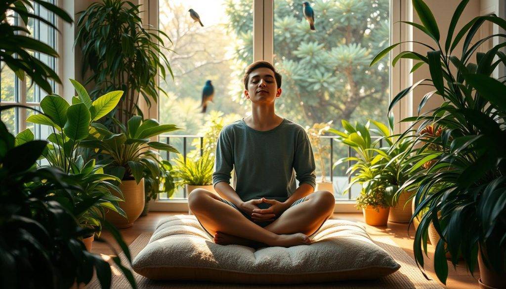 A serene, sunlit room filled with lush, verdant houseplants. At the center, a person sits cross-legged on a plush meditation cushion, eyes closed in deep contemplation, hands resting gently on their lap. Warm, ambient lighting casts a soft glow, creating an atmosphere of introspection and inner peace. In the background, a large window overlooking a tranquil garden, where birds flit among the branches. The overall scene conveys a sense of daily ritual, of carving out a sacred space for self-reflection and personal growth, even amidst the challenges of climate anxiety and eco-grief.