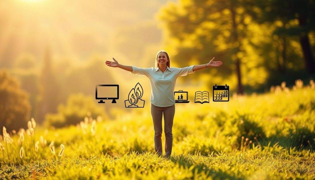A serene, sunlit scene of a person setting personal and professional boundaries. In the foreground, they stand tall, arms outstretched, creating a clear, protective boundary around themselves. The middle ground depicts various symbols of their life - a computer, a family photo, a calendar - all contained within their boundary. In the soft, blurred background, a lush, verdant landscape suggests a sense of growth and renewal. Warm, golden lighting imbues the scene with a sense of tranquility and self-assurance. The overall mood conveys the importance of establishing healthy limits to cultivate a balanced, fulfilling life.