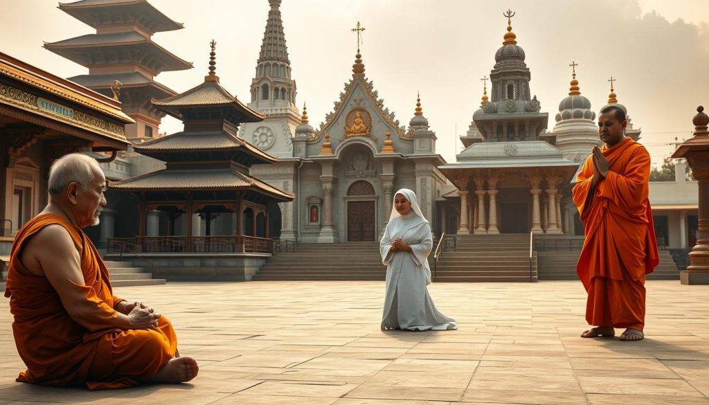 A serene temple courtyard, bathed in warm, diffused sunlight. In the foreground, an elderly Buddhist monk sits cross-legged, lost in meditative contemplation. Beside him, a Christian nun in a flowing white habit kneels, eyes closed, hands clasped in prayer. In the middle ground, a Hindu sadhu adorned in saffron robes stands tall, palms pressed together in a gesture of reverence. In the background, the ornate architecture of different religious traditions - a pagoda, a cathedral, and a Hindu temple - stand as silent witnesses to the shared practices of monasticism across faiths. The scene exudes a sense of tranquility, unity, and the timeless nature of spiritual devotion.