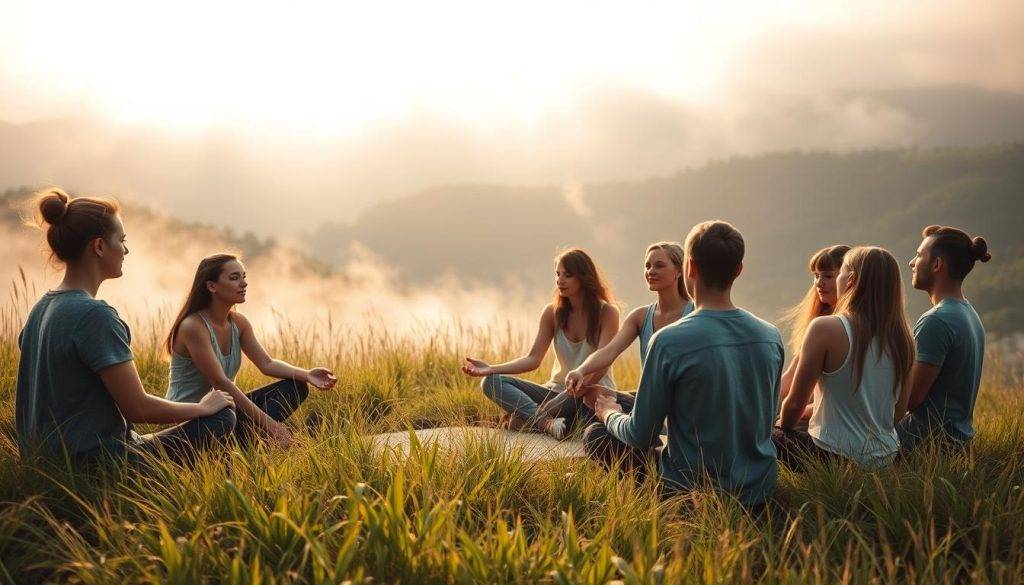 A serene, tranquil meadow with a group of people sitting in a circle, hands joined, their faces radiating an expression of deep focus and collective intention. The soft, diffused lighting creates a warm, ethereal atmosphere, highlighting the participants' introspective expressions. In the background, wisps of mist drift across a lush, verdant landscape, conveying a sense of otherworldly connection. The scene is captured with a wide-angle lens, emphasizing the group's unity and the expansive, natural setting that surrounds them.