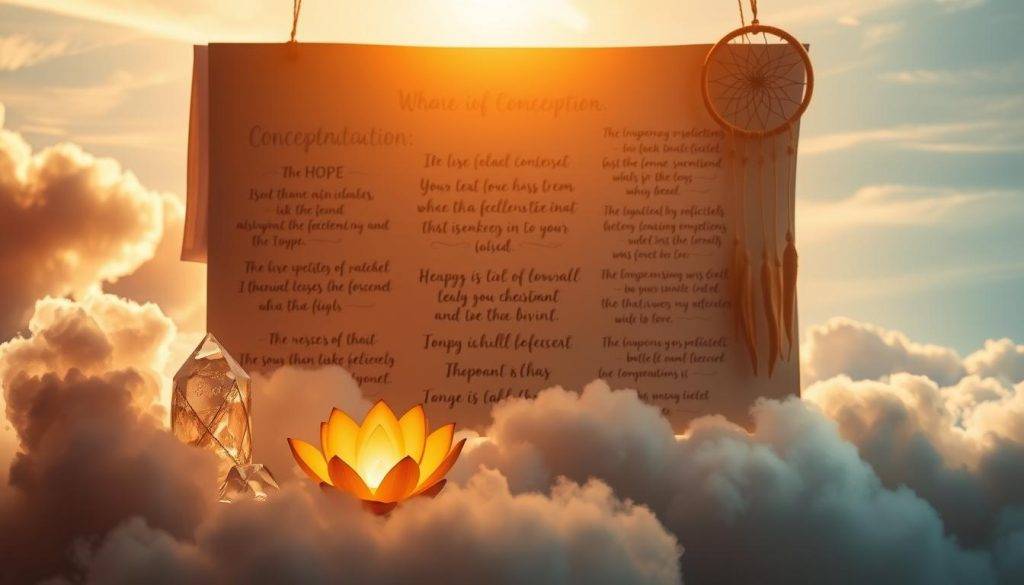 A serene vision board, bathed in warm, golden light, floats against a backdrop of soft, wispy clouds. In the foreground, an array of symbolic objects - a glowing crystal, a blooming lotus flower, a woven dreamcatcher - are carefully arranged, each representing an aspect of the journey towards conception. The middle ground features hand-written affirmations and inspirational words, penned in a calligraphic script, conveying messages of hope, abundance, and a deep connection to the divine. The overall atmosphere is one of tranquility, introspection, and a profound sense of intention, inviting the viewer to engage in the transformative power of manifestation tools.