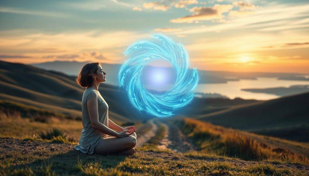 A serene, well-lit scene depicting the law of attraction and personal responsibility. In the foreground, a person sits in a meditative pose, eyes closed, hands resting gently on their lap. Emanating from them, a vibrant, swirling energy field of positive intention. In the middle ground, a path leading towards a distant horizon, symbolizing the journey of manifestation. The background features a calming, natural landscape - rolling hills, a serene lake, and a warm, golden-hour sky. The overall atmosphere is one of tranquility, focus, and the power of aligning one's thoughts and actions with their desired outcomes.