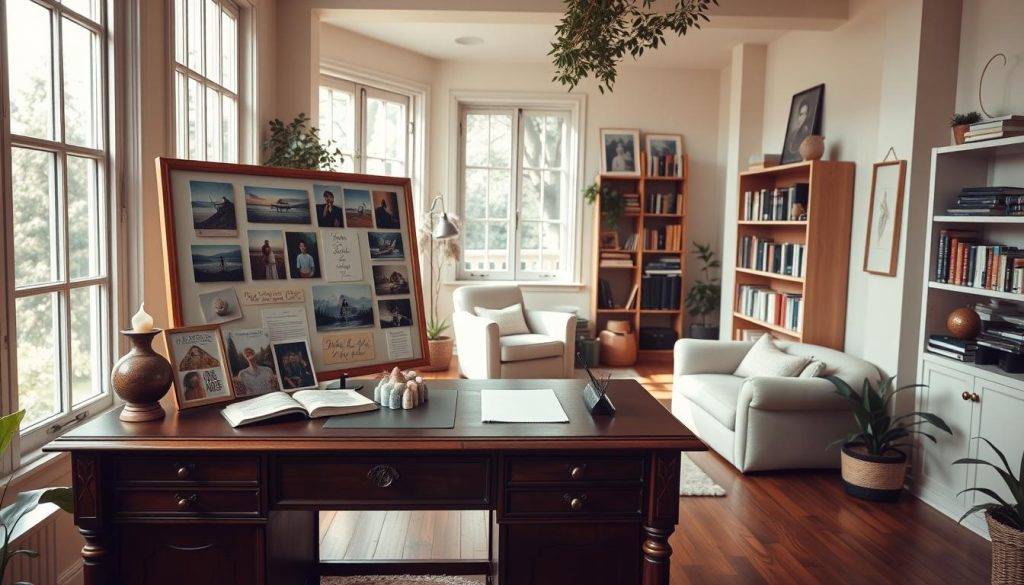A serene, well-lit studio filled with natural light pouring in through large windows. In the foreground, an elegant wooden desk hosts an array of manifestation tools - a vision board, inspirational photos, crystals, and a calligraphy set. The middle ground features a comfortable armchair and a cozy reading nook, with shelves of self-help books lining the walls. The background showcases a calming, earthy palette, with plant life and subtle, dreamlike textures evoking a sense of grounded spirituality. The overall atmosphere is one of focused intention, tranquility, and a harmonious blend of the practical and the mystical.