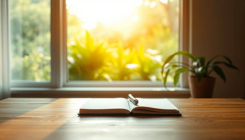 A serene workspace bathed in warm, natural light. On a minimalist wooden desk, a notebook and pen sit neatly arranged, symbolizing intentional focus. In the background, a window overlooks a lush, verdant garden, evoking a sense of harmony and balance. Soft, diffused light filters through, creating a calming atmosphere. The scene conveys a state of mindful presence, where thought and action are seamlessly aligned, enabling the realization of one's highest aspirations.