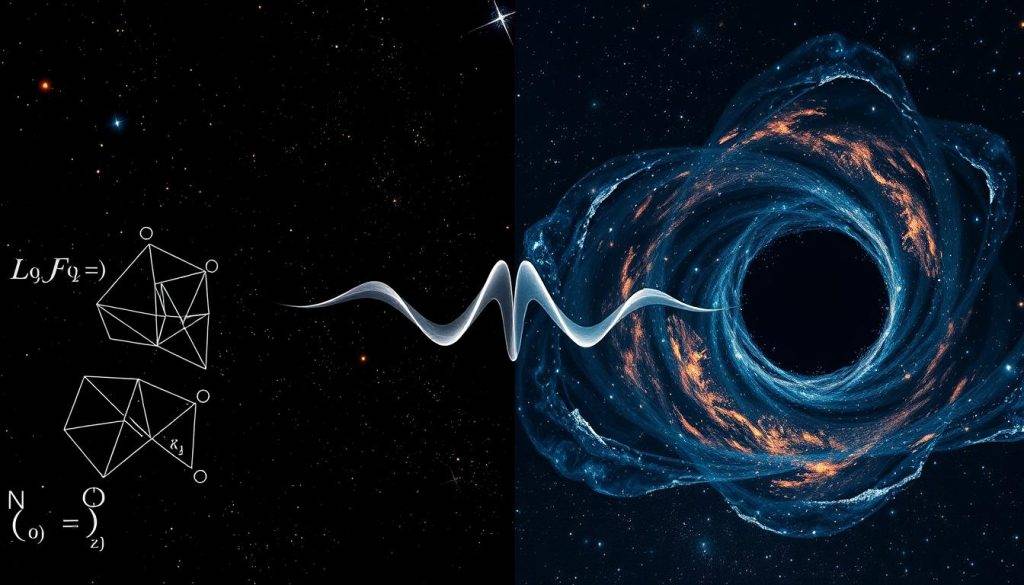 A side-by-side comparison of Newtonian and quantum physics concepts, juxtaposed against a backdrop of swirling cosmic energies. In the foreground, geometric shapes and equations symbolize the rigid determinism of classical mechanics, while in the middle ground, an ethereal quantum waveform pulses with indeterminate possibility. The background is a kaleidoscopic display of star fields, nebulae, and black holes - the enigmatic realm of quantum entanglement and the uncertainty that governs the subatomic world. The lighting is dramatic, with chiaroscuro effects highlighting the contrast between the two paradigms. The overall tone is one of contemplation, inviting the viewer to ponder the fundamental nature of reality.