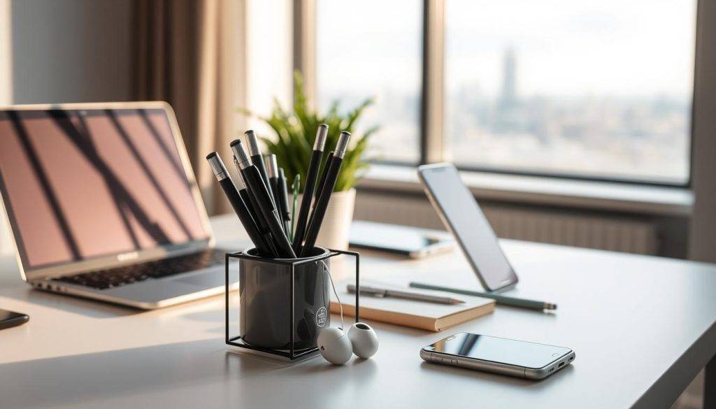 A sleek, minimalist workspace with a laptop, smartphone, and various digital tools arranged neatly. Soft, natural lighting illuminates the scene, creating a serene and focused atmosphere. In the foreground, a stylish desk organizer holds pens, a notebook, and a pair of wireless earbuds, symbolizing the integration of technology and productivity. The middle ground features a potted plant, adding a touch of nature and balance to the digital landscape. In the background, a large window offers a calming view of a city skyline or natural landscape, hinting at the work-life harmony achieved through the effective use of these digital tools.