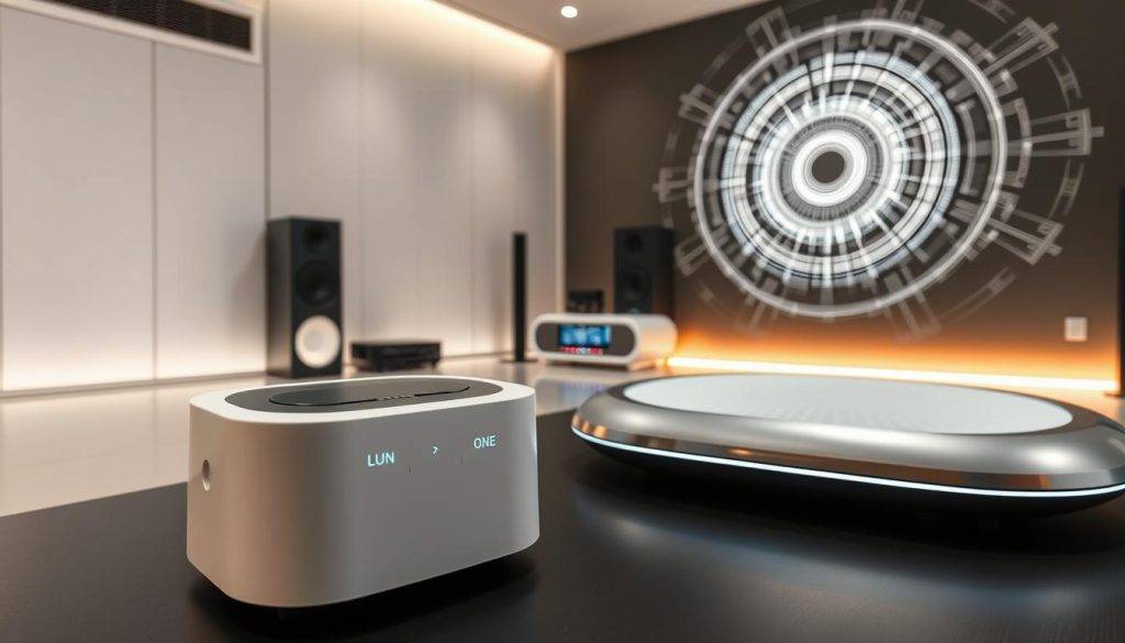 A sleek, modern studio filled with cutting-edge sound therapy devices. In the foreground, a minimalist white noise machine with intuitive touch controls and LED indicators, casting a soothing glow. In the middle ground, a futuristic binaural beats generator, its smooth metallic surface reflecting the studio's ambient lighting. In the background, a state-of-the-art Solfeggio frequency device, its holographic display projecting intricate waveforms that fill the room with a sense of tranquility. The overall atmosphere is one of technological sophistication and therapeutic calm, inviting the user to immerse themselves in the power of sound healing.