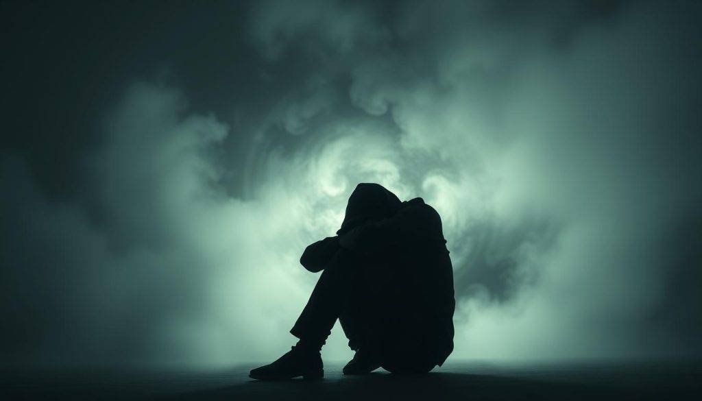 A solitary figure sits hunched, overwhelmed by a swirling vortex of self-doubt. Shadows loom, enveloping the scene in a hazy, uncertain atmosphere. The figure's face is obscured, conveying a sense of internal struggle and lack of confidence. Muted colors and a soft, dreamlike lighting create a pensive, melancholic mood. The background is blurred, with indistinct shapes and forms, emphasizing the subject's isolation and the intangible nature of their insecurities. A wide-angle lens captures the scene, lending a sense of depth and the vastness of the creative journey. The image explores the internal turmoil and self-questioning that can plague even the most talented individuals in creative fields.