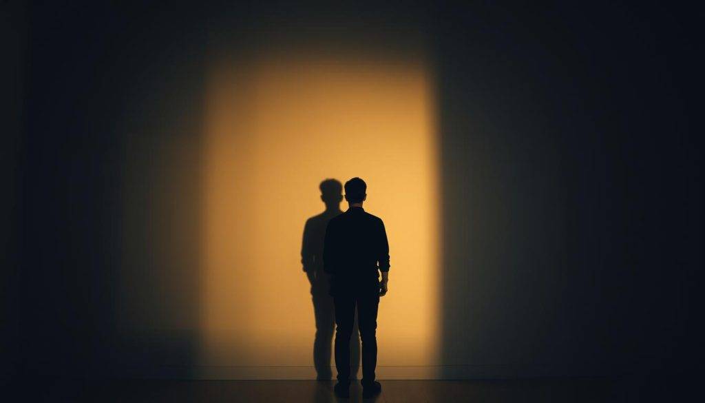 A solitary figure stands in a dimly lit room, their shadow cast across the wall, a visual metaphor for the exploration of the self. Soft, ambient lighting bathes the scene, creating an introspective and contemplative atmosphere. The figure's pose is pensive, with shoulders slightly hunched, suggesting a journey inward. The shadow itself is elongated and distorted, symbolizing the complex and multi-faceted nature of the self. The background is hazy and indistinct, allowing the focus to remain on the figure and their shadow, the central elements of this meditative self-discovery.