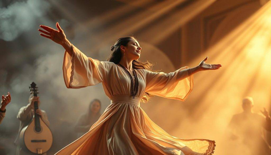 A spirited whirl of devotion, a dancer's body in fluid motion, arms outstretched, robes billowing in a shimmer of light. In the background, a mystical haze envelops the scene, punctuated by the rhythmic pulse of traditional Sufi instruments - the haunting oud, the resonant daf, the soothing voice of a vocalist chanting in ecstatic trance. The dancer's face is transfixed, eyes closed, lost in the transcendent experience of the divine. Beams of warm, golden light filter through the ethereal atmosphere, casting a sacred glow upon the sacred ritual unfolding before us.
