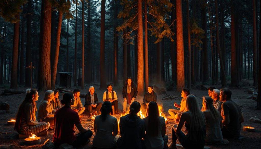 A spiritual gathering in a serene forest clearing, illuminated by the warm glow of campfires. In the foreground, a group of diverse individuals sit in a circle, their faces alight with introspection and connection. In the middle ground, elders share wisdom and guide the circle in a traditional vision quest ritual. The background is filled with towering trees, casting long shadows and creating a sense of timelessness and sacred space. The atmosphere is one of introspection, community, and the pursuit of self-discovery, with a soft, dreamlike quality to the lighting and composition.