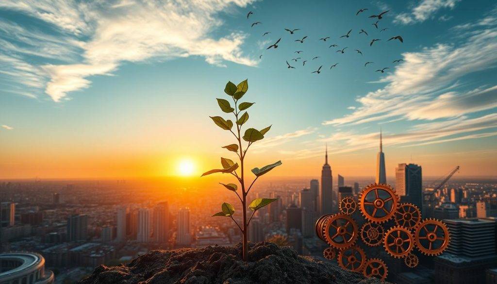 A sprawling cityscape, bathed in the warm glow of a setting sun, serves as the backdrop for a metaphorical representation of change and growth strategies. In the foreground, a vibrant sapling emerges from the earth, its leaves unfurling towards the sky, symbolizing the potential for transformation. Surrounding the sapling, intricate cogs and gears, rendered in shades of copper and bronze, intertwine, suggesting the complex mechanics of progress and adaptation. In the middle ground, a series of winding paths and staircases lead the eye upwards, hinting at the journey of personal and professional growth. Overhead, a flock of birds takes flight, conveying a sense of freedom and the boundless possibilities that await those who embrace change.