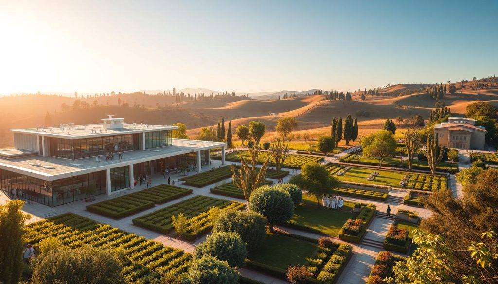 A sprawling modern university campus nestled in a lush, verdant biofield. In the foreground, a state-of-the-art research laboratory with sleek glass and steel architecture, surrounded by rows of neatly manicured gardens. Researchers in white lab coats busily conduct experiments, studying the intricate energy patterns of the biofield. The midground features a tranquil meditation garden, where students and faculty engage in mindfulness practices, attuned to the subtle vibrations of the natural world. In the background, rolling hills dotted with towering eucalyptus trees, the California sun casting a warm, golden glow over the entire scene. The atmosphere is one of scientific discovery, environmental harmony, and a deep respect for the unseen energies that permeate this unique biofield research hub.