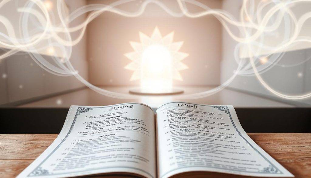 A step-by-step manifestation guide, displayed on a series of intricately detailed pages. The foreground features a neatly organized set of instructions, with numbered steps and hand-drawn icons, against a backdrop of flowing energy patterns and ethereal swirls of light. The middle ground showcases a central focus point, perhaps a glowing crystal or a symbolic gateway, radiating a sense of purpose and intention. In the background, a serene, minimalist environment evokes a sense of calm contemplation, with soft, diffused lighting creating an atmosphere of introspection and clarity. The overall composition conveys a harmonious balance between the practical, the mystical, and the transformative, guiding the viewer through a journey of manifestation.