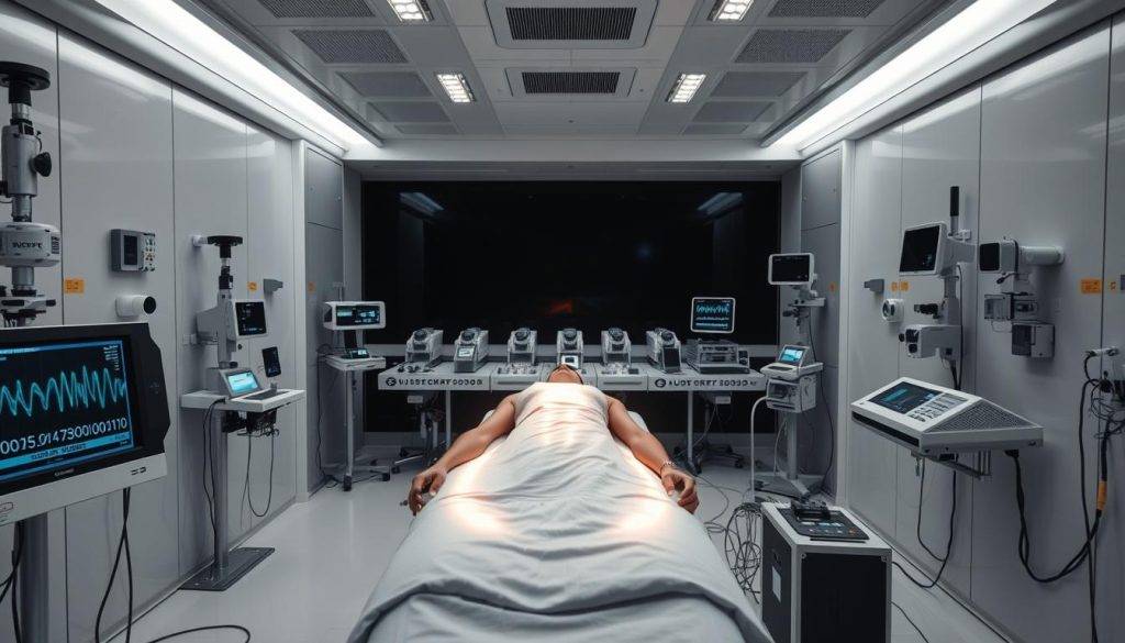 A sterile, high-tech laboratory setting with various scientific instruments and devices used to measure the human biofield. In the foreground, a patient lies on an examination table, their body surrounded by a glowing aura. Sensors and probes are positioned around them, connected to a nearby console displaying complex waveforms and data visualizations. The middle ground features rows of advanced measurement equipment, including Kirlian cameras, electromagnetic field detectors, and spectroscopy devices. The background is dimly lit, with a sense of clinical precision and technological sophistication, emphasizing the scientific nature of biofield analysis.