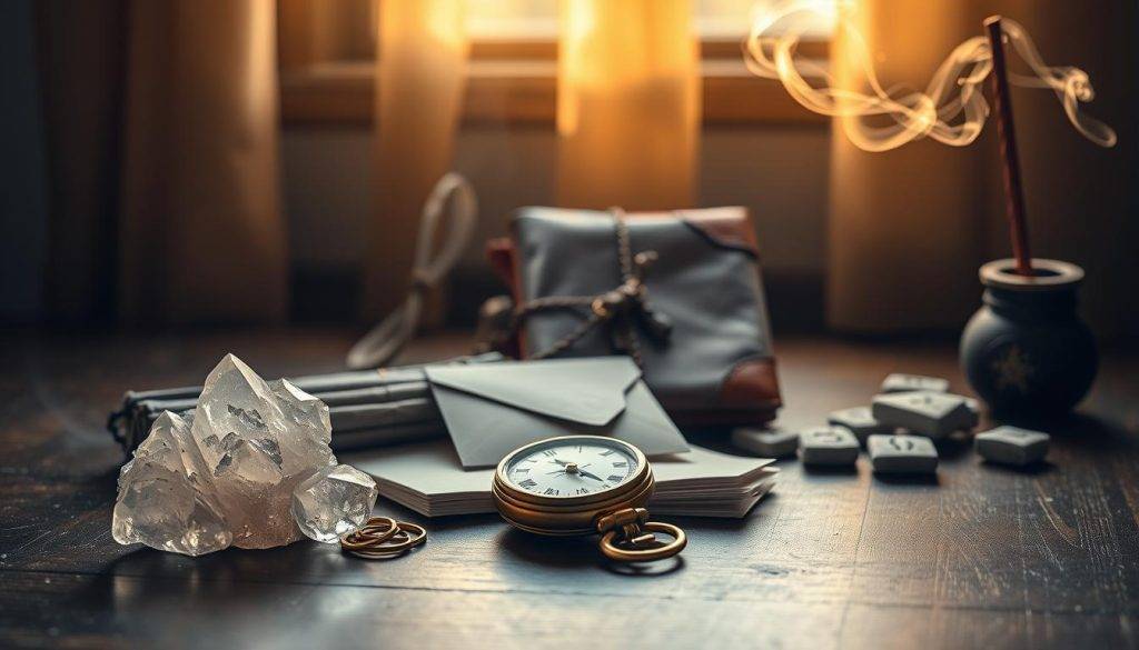 A still life arrangement depicting an array of empowering manifestation tools. In the foreground, a glowing crystal cluster, a brass compass, and a gilded antique pocket watch rest on a dark wooden surface. In the middle ground, a leather-bound journal with a wax-sealed envelope, a bundle of sage, and a set of rune stones. In the background, wispy tendrils of smoke from a lit incense stick drift through beams of warm, golden light streaming through a window. The overall mood is one of introspection, focus, and a sense of mystical potential.