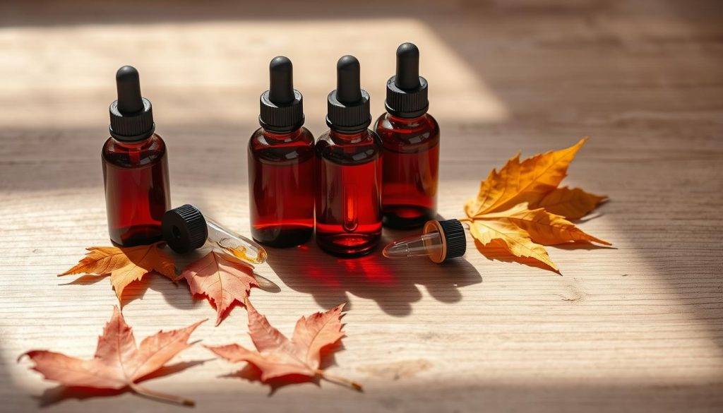 A still life composition featuring an arrangement of essential oil bottles, glass droppers, and fallen autumn leaves on a wooden table. The bottles contain deep red, earthy tones, symbolizing the root chakra. Soft, diffused lighting casts gentle shadows, creating a calming, grounded atmosphere. The image emphasizes the connection between the root chakra, essential oils, and the natural world, inviting the viewer to find balance and stability. The composition is clean and minimalist, allowing the ingredients to take center stage.