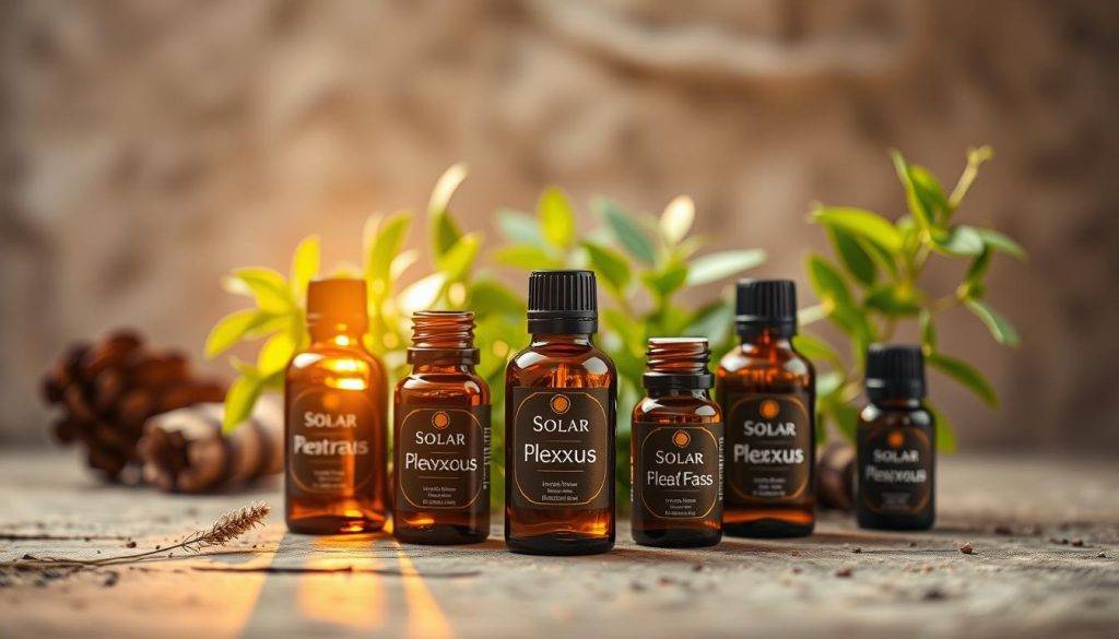 A still life composition of an arrangement of glass bottles containing solar plexus essential oils, set against a serene, earthy backdrop. The bottles are positioned prominently in the foreground, casting soft, warm light across the scene. The middle ground features lush, vibrant greenery, hinting at the natural origins of the oils. The background is subdued, with muted colors and textures to emphasize the oils as the focal point. The overall mood is one of tranquility, confidence, and personal power, reflecting the purpose of the oils to balance the solar plexus chakra.