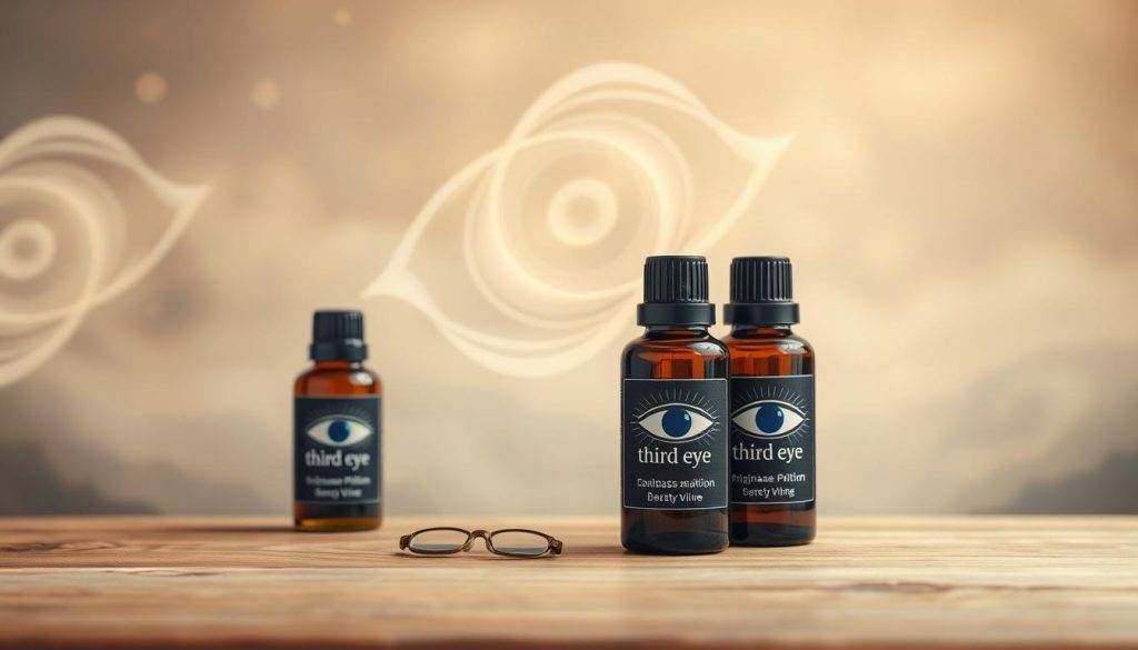 A still life composition of essential oil bottles and a third eye symbol against a soft, ethereal background. In the foreground, glass bottles filled with deep, jewel-toned liquids sit atop a wooden surface, their labels depicting the "third eye" intuition icon. Soft, diffused lighting casts a warm, meditative glow, while a swirling, translucent mist fills the middle ground, evoking a sense of mysticism and inner vision. The background fades into a hazy, indistinct landscape, allowing the essential oils and symbolic imagery to take center stage and convey a sense of heightened intuition and mental clarity.