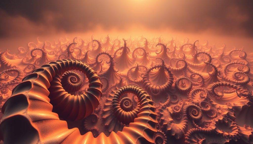 A stunning fractal landscape, showcasing the beauty of self-similar geometry. In the foreground, a mesmerizing spiral pattern unfolds, its intricate details revealing the essence of recursive structures. The middle ground features a dazzling array of branching forms, each echoing the others in a captivating display of scale-invariance. In the background, a mysterious, hazy realm of fractalized shapes and dimensions blends seamlessly, creating a sense of infinite depth and exploration. Warm, diffused lighting casts a dreamlike glow, accentuating the ethereal nature of this fractal world. Captured with a wide-angle lens, the composition emphasizes the expansive, immersive quality of this self-similar geometric analysis.