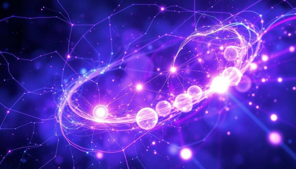 A stunning quantum energy field, luminous and pulsating with vibrant hues of indigo, violet, and azure. Swirling, interconnected strands of light weave a mesmerizing tapestry, hinting at the intricate web of universal connections. The background is shrouded in a mysterious, cosmic mist, as if peering into the very heart of the quantum realm. Glowing orbs of concentrated energy align and synchronize, emanating a sense of harmony and balance. The composition is captured through a wide-angle lens, conveying a sense of grandeur and expansiveness, inviting the viewer to immerse themselves in the captivating display of quantum entanglement.