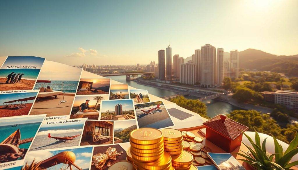 A sun-drenched vision board showcasing the journey to financial abundance. In the foreground, a collage of images depicting debt-free living, passive income streams, and luxurious vacations. The middle ground features stacks of gold coins, sparkling gemstones, and a modern, minimalist home. In the background, a vibrant cityscape with towering skyscrapers and lush, verdant landscapes, symbolizing the boundless possibilities of wealth and prosperity. Captured through a wide-angle lens, the scene is bathed in warm, golden light, conveying a sense of optimism, clarity, and a future unencumbered by financial constraints.