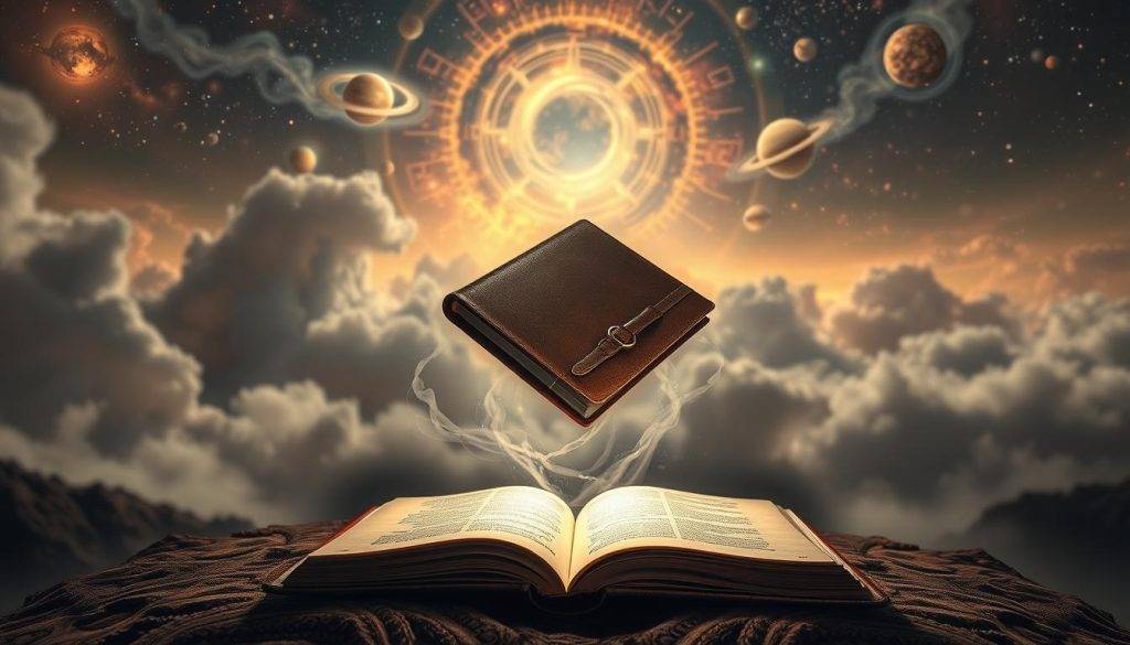 A surreal astrological landscape, bathed in the ethereal glow of a celestial retrograde. In the foreground, a levitating book bound in leather and parchment, its pages flipping open to reveal hidden Mercury-influenced insights. Swirling cosmic energies and nebulous clouds in the middle ground, hinting at the mystical forces at play. In the distant background, a kaleidoscopic array of celestial bodies, their orbits intertwined in a dance of cosmic introspection. Soft, diffused lighting casts an otherworldly ambiance, while a wide-angle lens captures the grandeur of this astrological phenomenon. An image that evokes the profound impact of Mercury's retrograde and the wisdom it imparts.