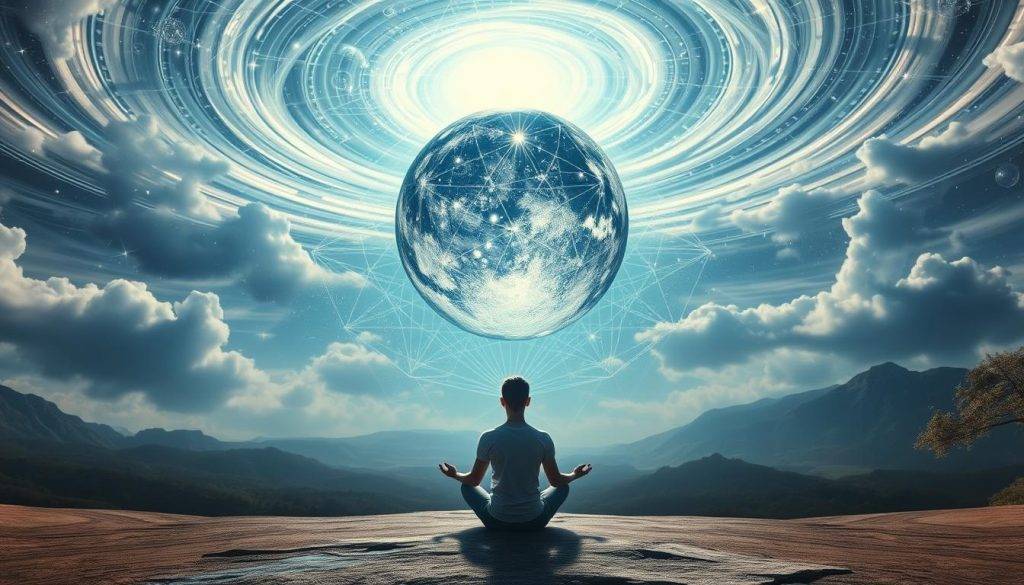 A surreal landscape featuring a floating crystal sphere, glowing with an ethereal light. In the foreground, a person sits in a meditative pose, their aura radiating outwards. Behind them, intricate geometric patterns unfold, hinting at the advanced manifestation techniques at work. The sky is a swirling vortex of energy, with celestial bodies and cosmic phenomena adding to the transcendent atmosphere. Soft, diffused lighting illuminates the scene, creating a sense of balance and harmony. The overall composition conveys a deep connection between the individual, the spiritual realm, and the power of manifestation.