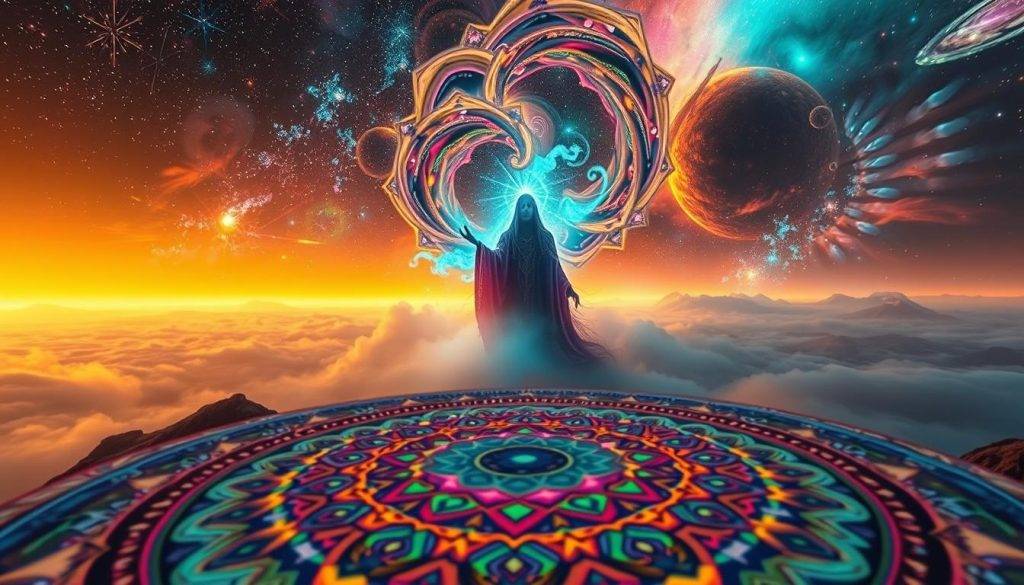 A surreal landscape of psychedelic insights, a dreamlike realm of vibrant symbolism. In the foreground, a kaleidoscopic mandala of intricate geometric patterns, pulsing with ethereal energy. The middle ground reveals a mystic figure, shrouded in swirling, neon-tinged mists, imparting ancient wisdom. The background opens to a cosmos of nebulae and celestial bodies, shimmering with prismatic hues. Warm, diffused lighting casts a transcendent glow, as if illuminated from within. Captured through a wide-angle lens, the scene evokes a profound sense of wonder and the boundless potential of the human mind.