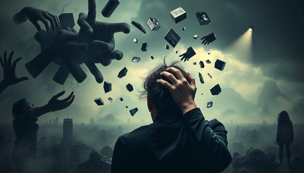 A surreal scene depicting the internal struggle of creative self-doubt. In the foreground, a figure clutches their head, consumed by distressing thoughts. Swirling around them, disembodied hands and fractured mirrors symbolize the many manifestations of imposter syndrome - feelings of inadequacy, uncertainty, and the constant need for validation. The middle ground features a hazy landscape of looming shadows and fragmented forms, representing the clouded self-perception that plagues creative individuals. In the distant background, a lone spotlight shines a harsh, critical gaze, illuminating the figure's vulnerability. Moody lighting and a muted color palette convey the somber, introspective atmosphere of this psychological journey.
