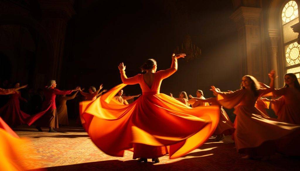 A swirling mass of colorful robes and graceful bodies, captured in a dramatic chiaroscuro lighting. In the foreground, a lone Sufi whirler spins with mesmerizing fluidity, their garments billowing and twisting in a hypnotic dance. The middle ground reveals a circle of fellow practitioners, their movements synchronized in a rhythmic ritual. In the background, a dimly lit sanctuary with ornate architectural details sets the stage for this ancient spiritual practice. The composition evokes a sense of timelessness, as if this scene could have unfolded centuries ago or in the present moment. Warm, amber tones permeate the image, creating an atmosphere of mysticism and contemplation.