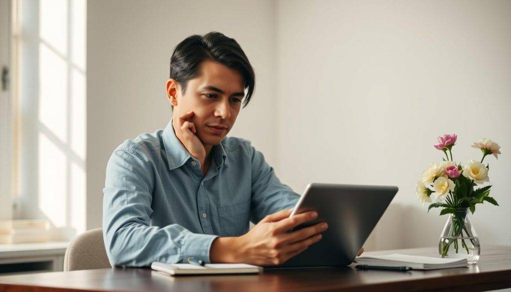 A thoughtful person sitting at a desk, contemplating their social media use. Warm, natural lighting illuminates their focused expression as they review their device's screen. Beside them, a vase of fresh flowers and a notebook symbolize their intention to use social media more purposefully. The background is a serene, minimalist office space, conveying a sense of mindfulness and control. The overall mood is one of introspection and a desire to find balance in digital engagement.